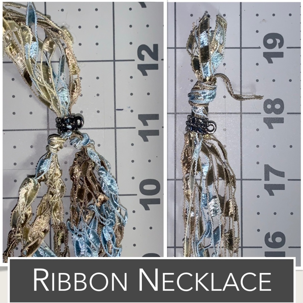 Necklace Strand of Blue, Sage, Bronze Ribbons, Bronze Beads & Blue Stones Accent - Picture 6 of 11